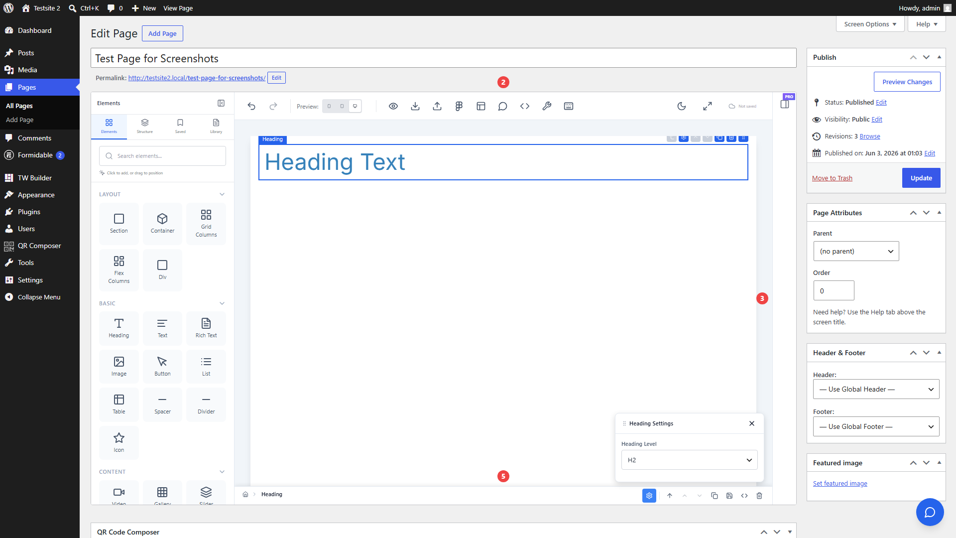 Builder interface with numbered callouts: 1-Sidebar, 2-Canvas, 3-Inspector, 4-Top Toolbar, 5-Bottom Bar