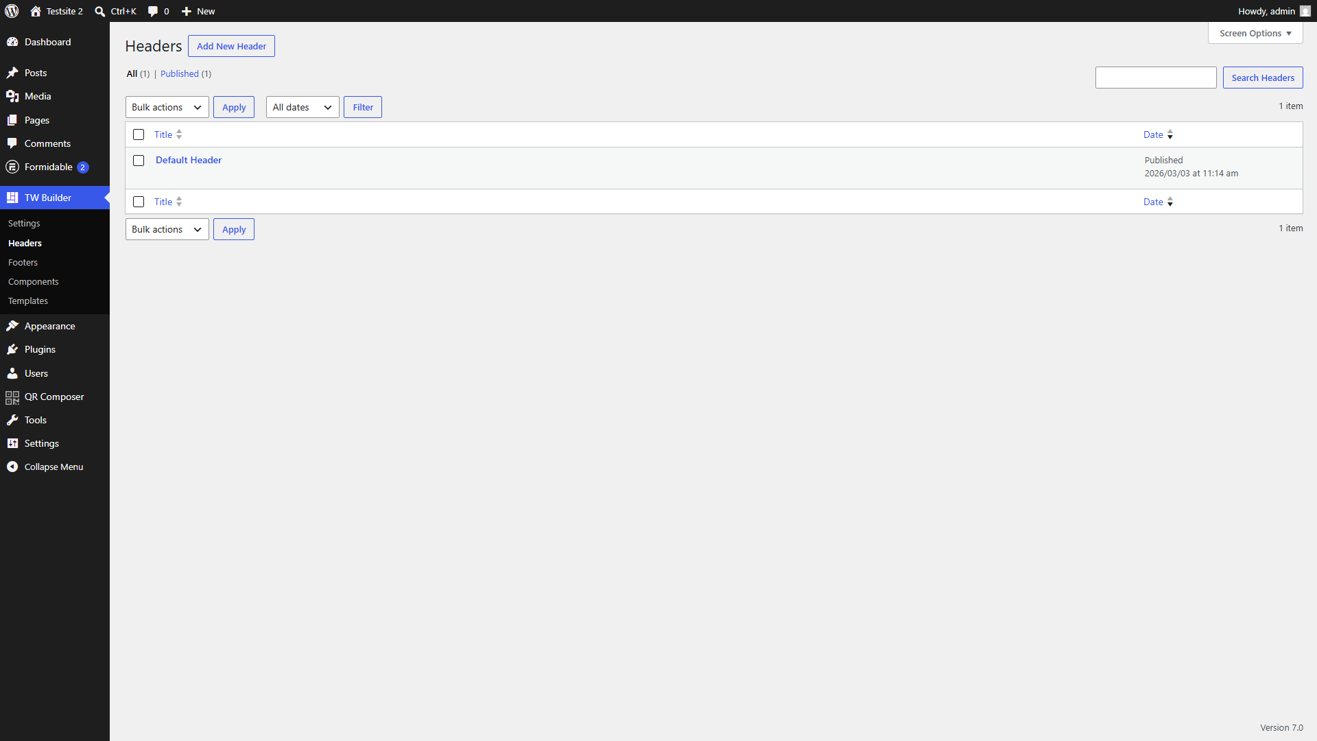 WordPress admin showing the Headers list with Add New Header button