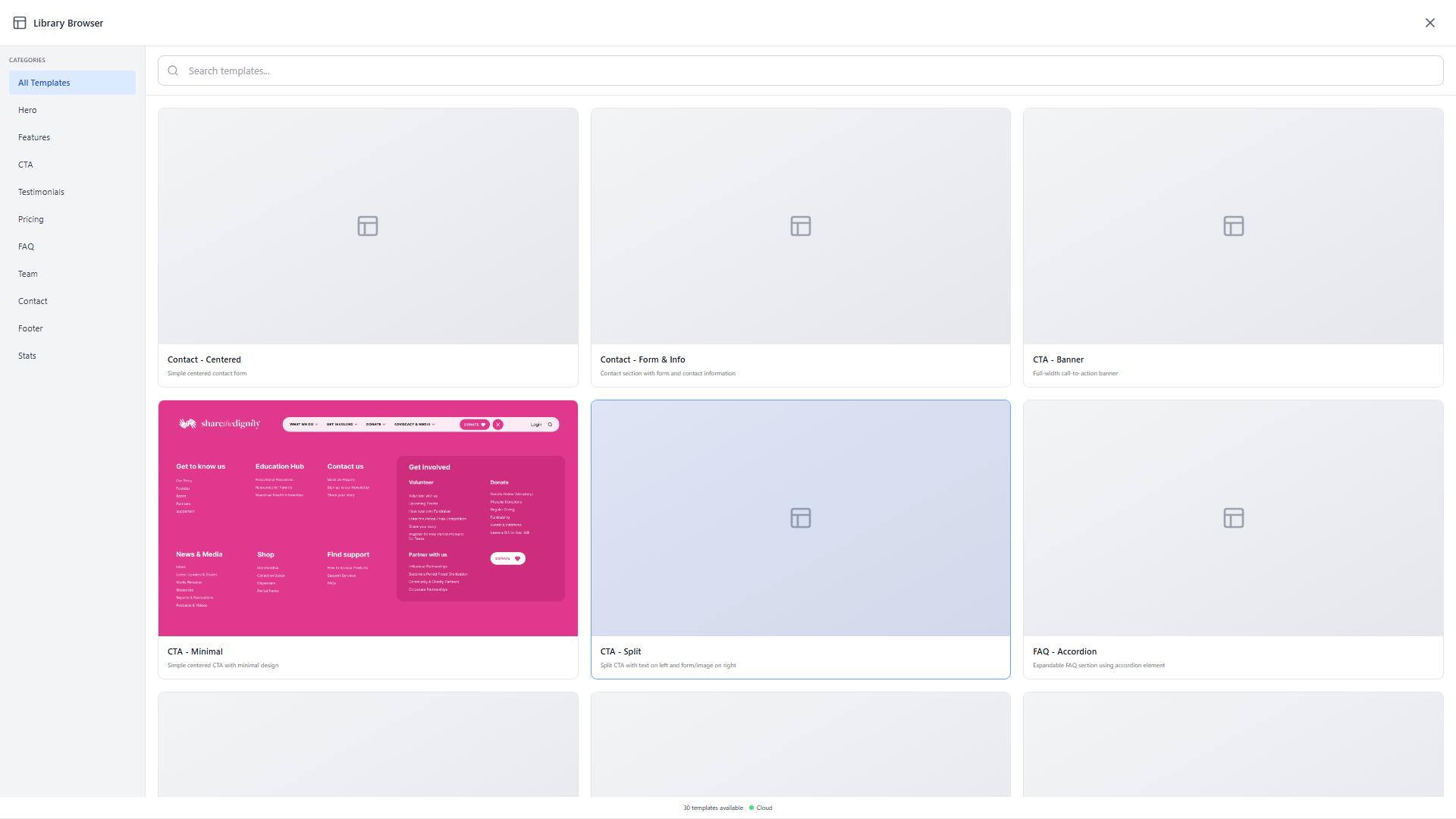 Template Browser showing categories and template cards
