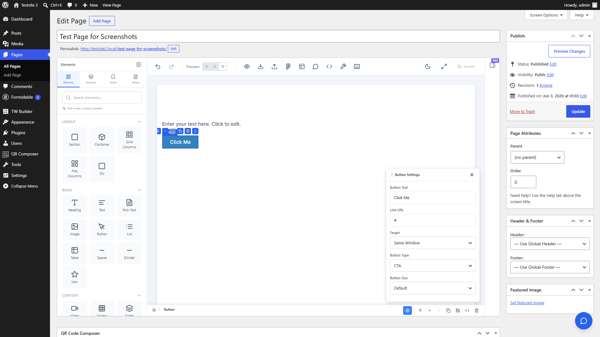 Builder canvas showing completed Hero section with heading, text, and button