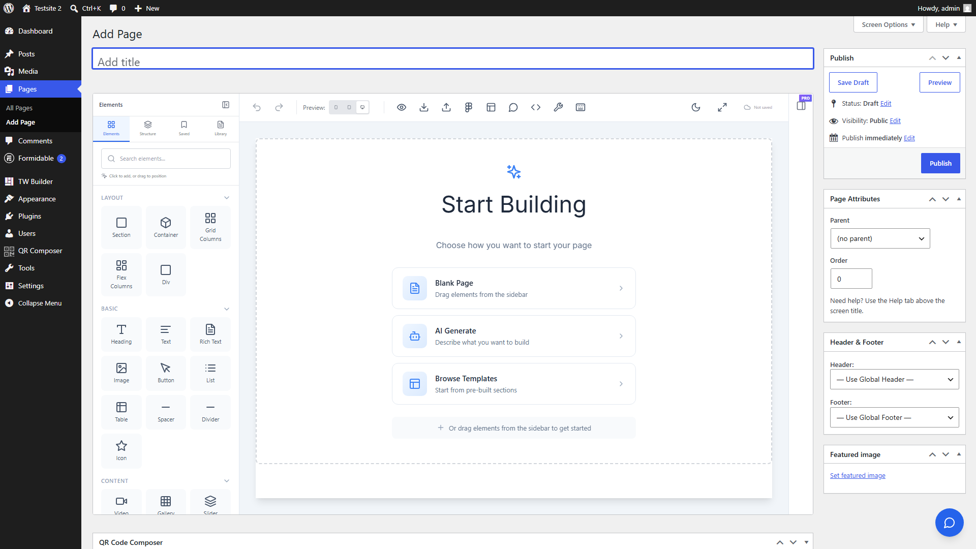 WordPress page editor showing Edit with Tailwind CSS Builder button