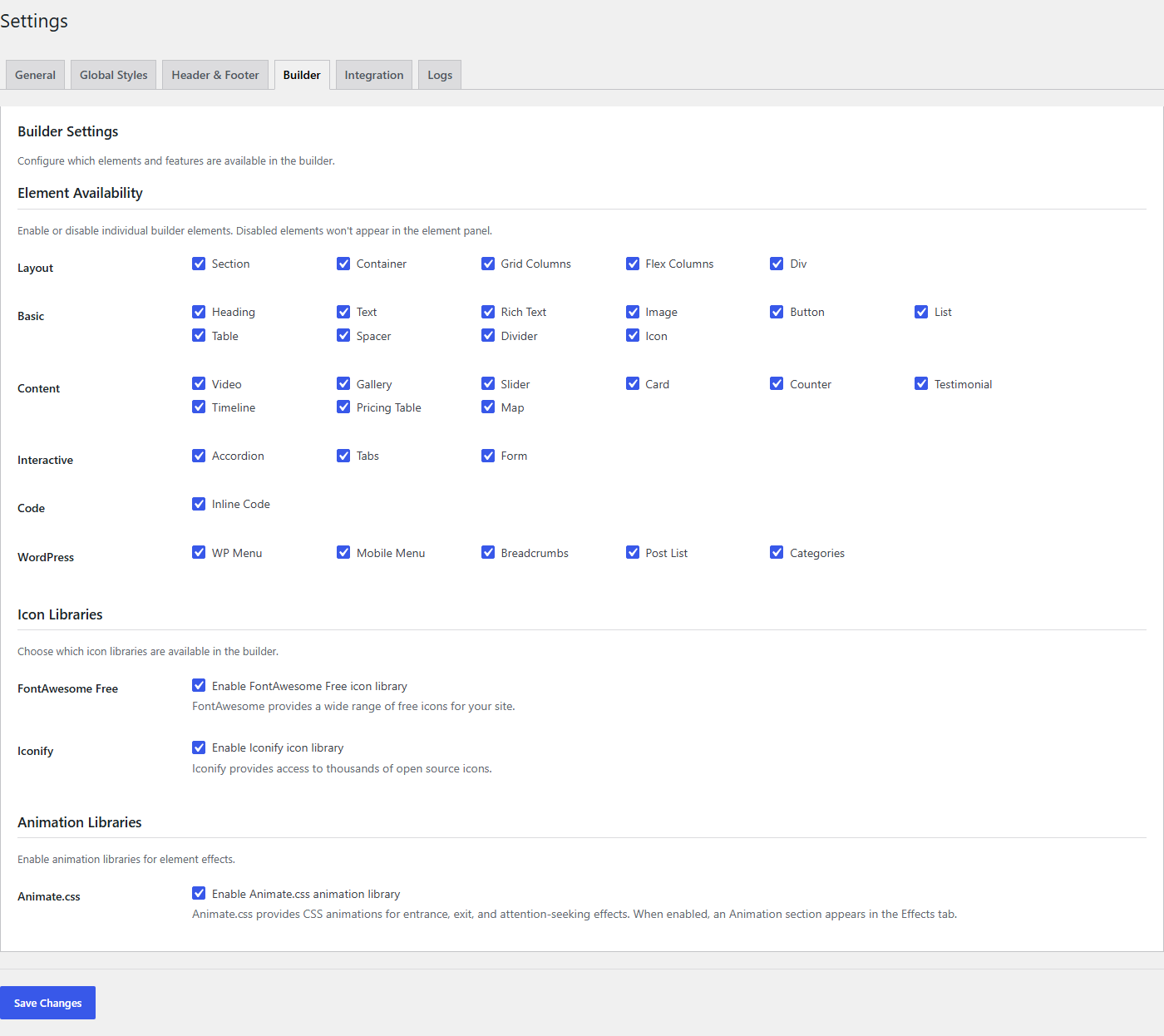 Builder Settings panel showing element visibility checkboxes and canvas options