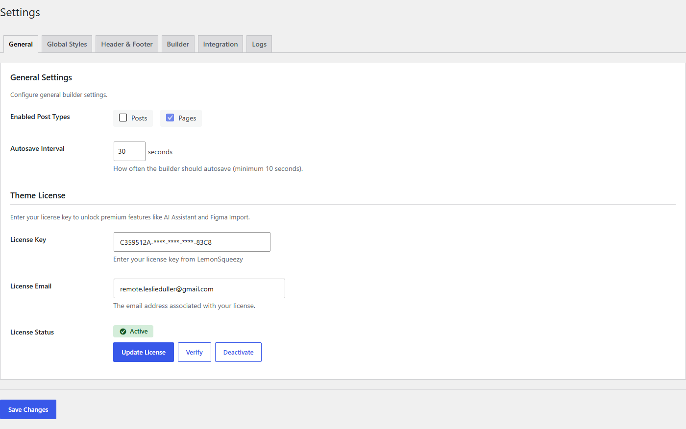 General Settings panel showing enable toggle and post type options