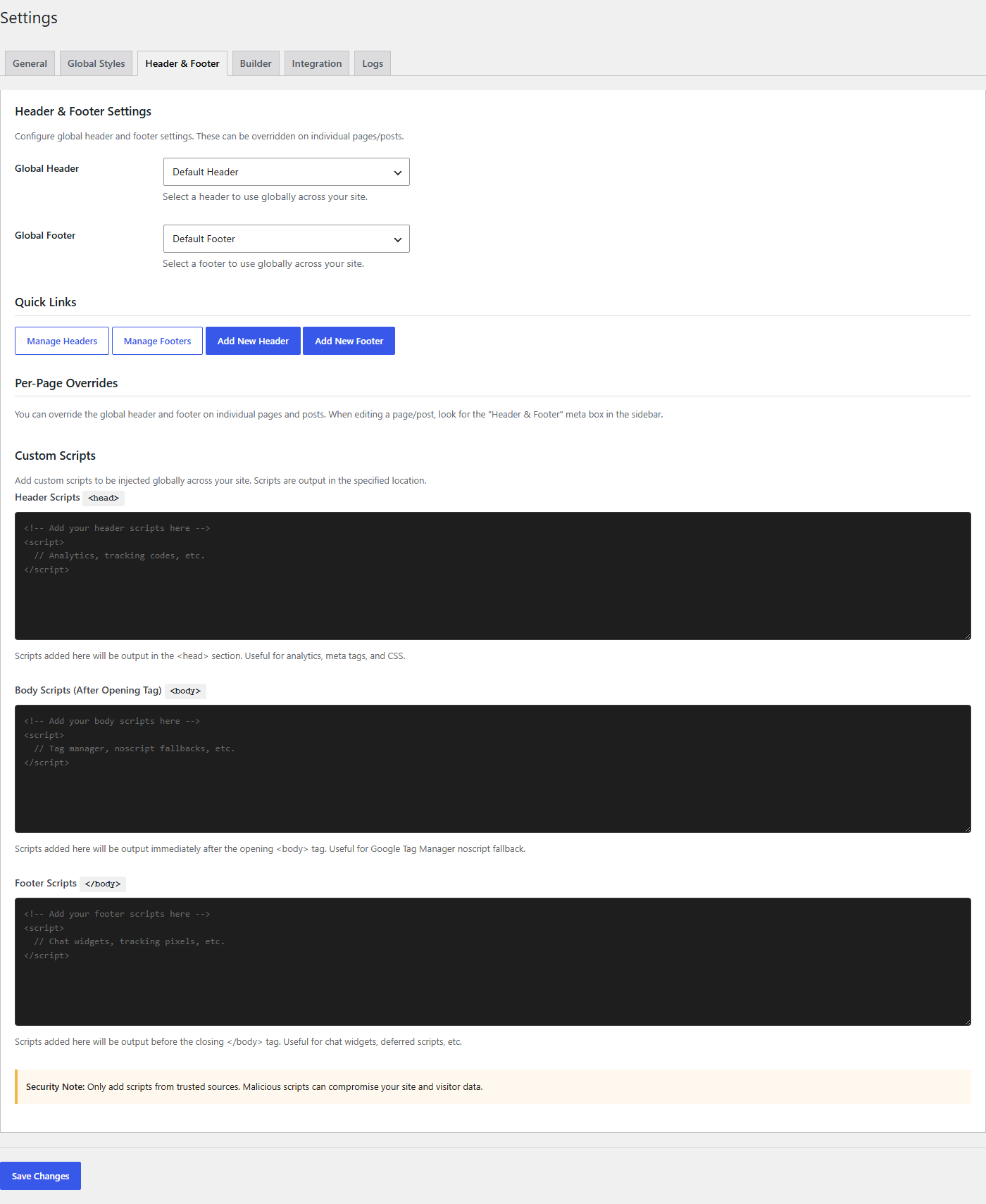 Header and Footer settings panel showing default selection dropdowns